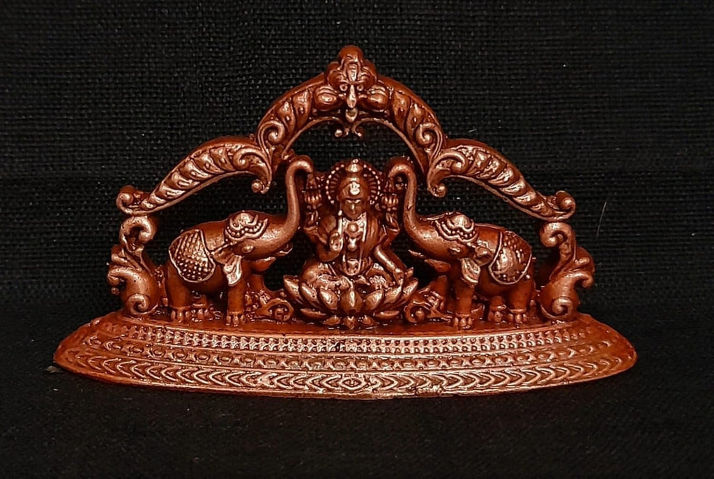 Brownish-Orange Copper Idols India, 1.3 Inches, Handmade Mahalakshmi Idols With Paired Elephants, 55G, Patina Antique Finish, Pack Of 1 Piece
