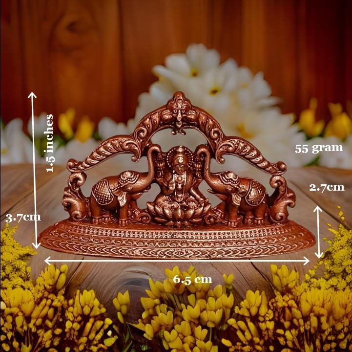 Brownish-Orange Copper Idols India, 1.3 Inches, Handmade Mahalakshmi Idols With Paired Elephants, 55G, Patina Antique Finish, Pack Of 1 Piece