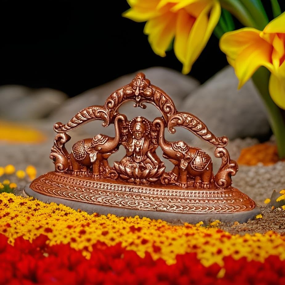 Brownish-Orange Copper Idols India, 1.3 Inches, Handmade Mahalakshmi Idols With Paired Elephants, 55G, Patina Antique Finish, Pack Of 1 Piece