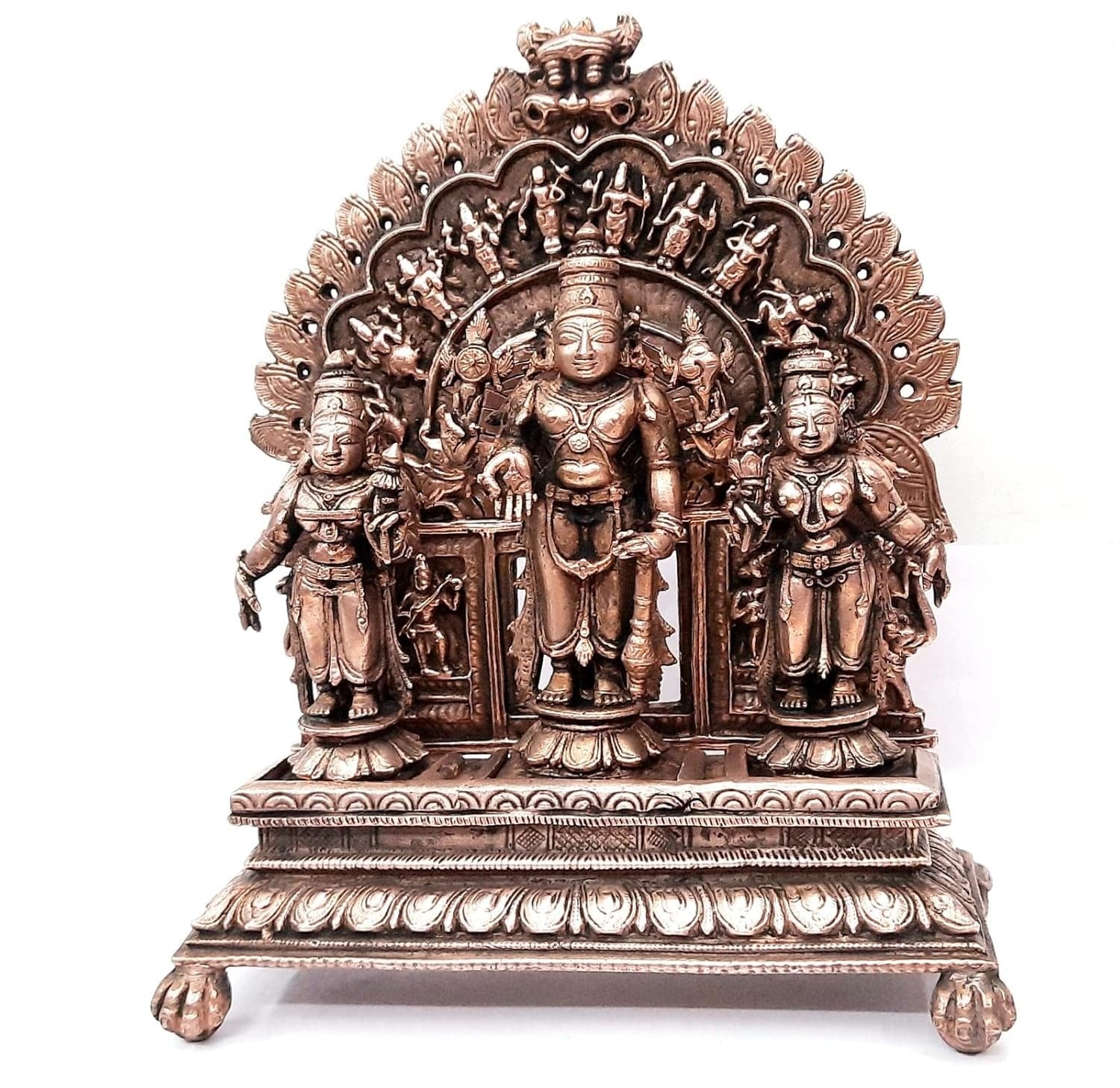 Brownish-Orange Copper Idols Of God Srinivasa Perumal With Sridevi And Bhudevi With Pabhavali 7 Inch, 1.6 Kg, Patina Antique Finish, Pack Of 1 Piece