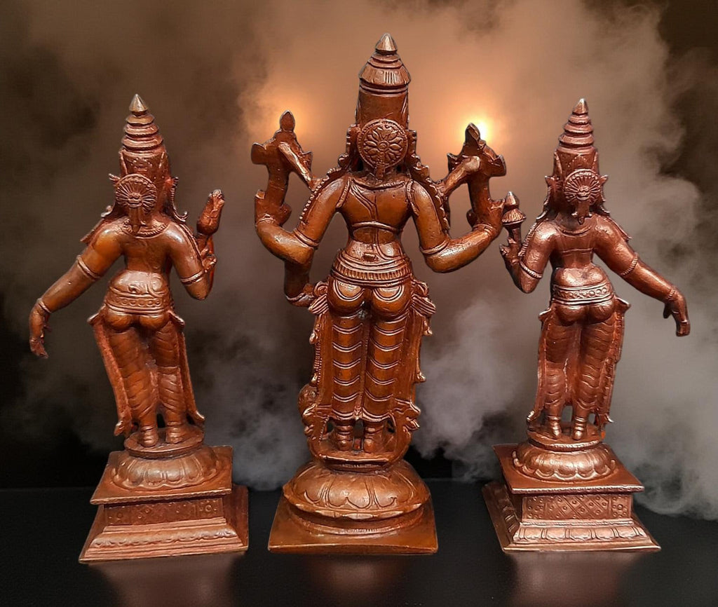Brownish-Orange Copper Idols Of God Srinivasa Perumal With Sridevi And Bhudevi, 6 Inches, 1.4 Kg, Patina Antique Finish, Pack Of 3 Piece