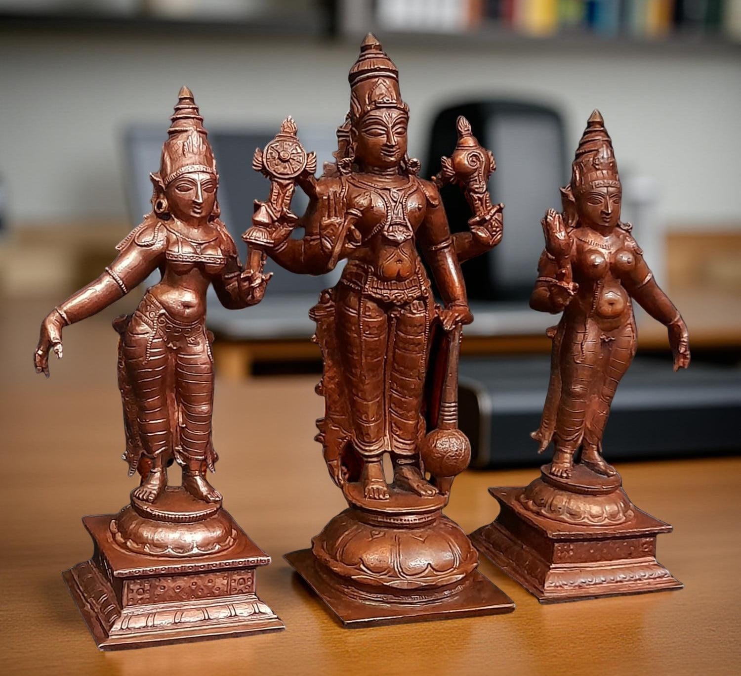 Brownish-Orange Copper Idols Of God Srinivasa Perumal With Sridevi And Bhudevi, 6 Inches, 1.4 Kg, Patina Antique Finish, Pack Of 3 Piece