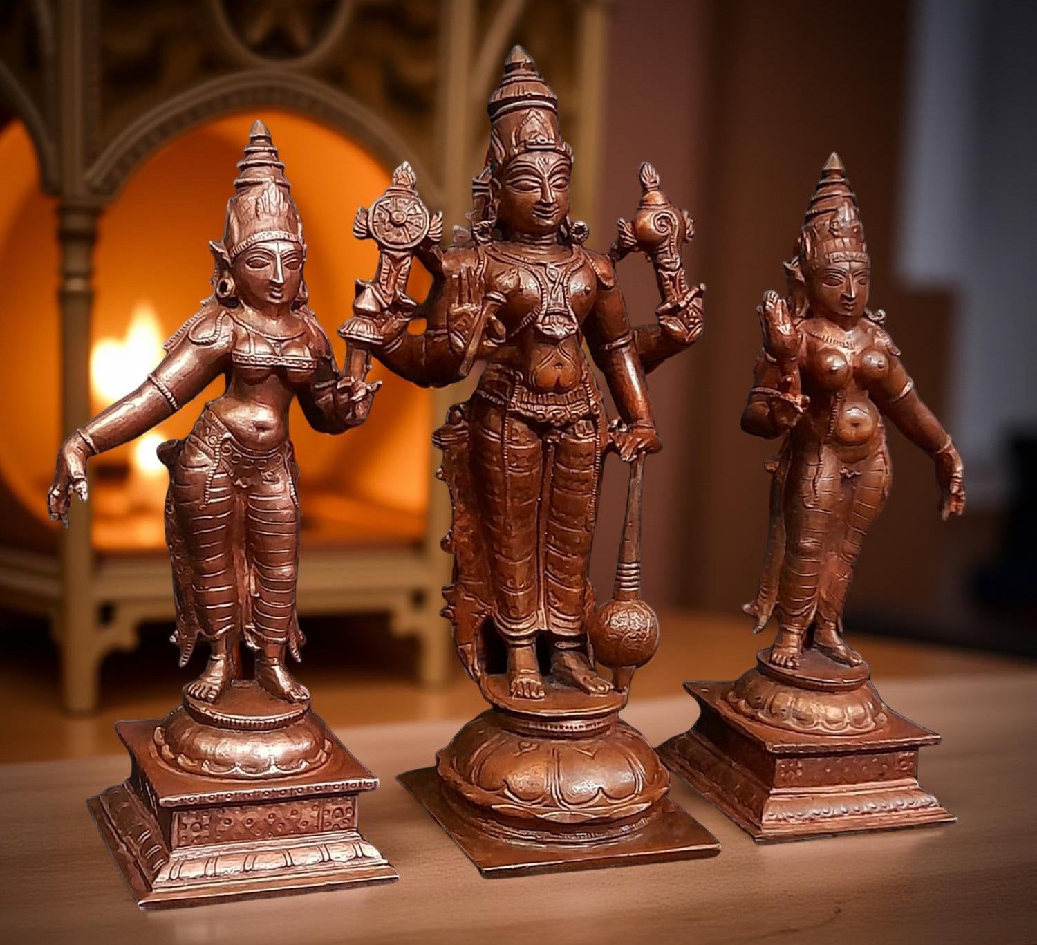 Brownish-Orange Copper Idols Of God Srinivasa Perumal With Sridevi And Bhudevi, 6 Inches, 1.4 Kg, Patina Antique Finish, Pack Of 3 Piece