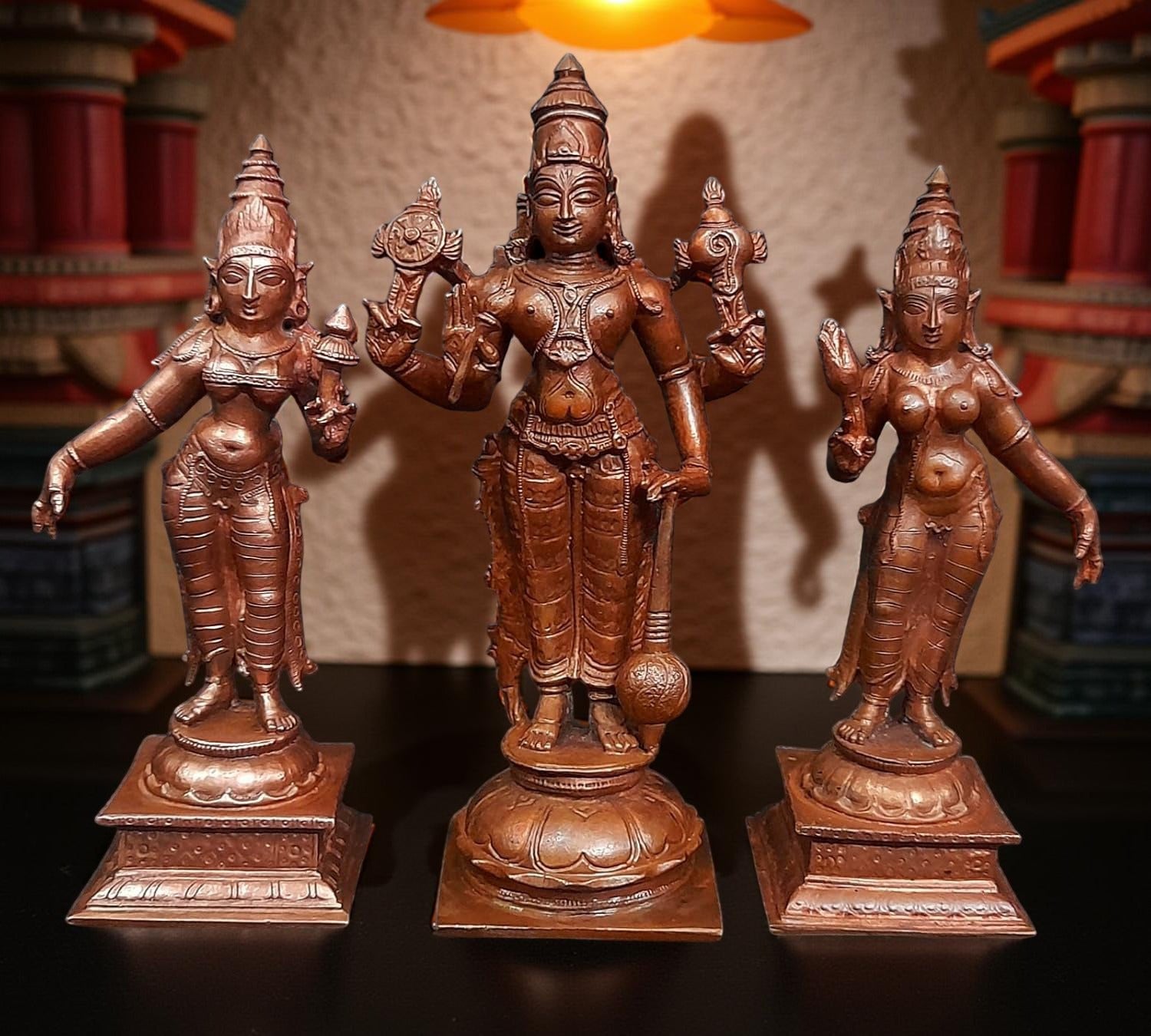 Brownish-Orange Copper Idols Of God Srinivasa Perumal With Sridevi And Bhudevi, 6 Inches, 1.4 Kg, Patina Antique Finish, Pack Of 3 Piece
