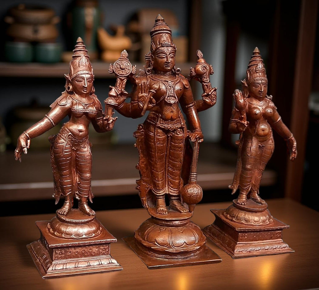 Brownish-Orange Copper Idols Of God Srinivasa Perumal With Sridevi And Bhudevi, 6 Inches, 1.4 Kg, Patina Antique Finish, Pack Of 3 Piece