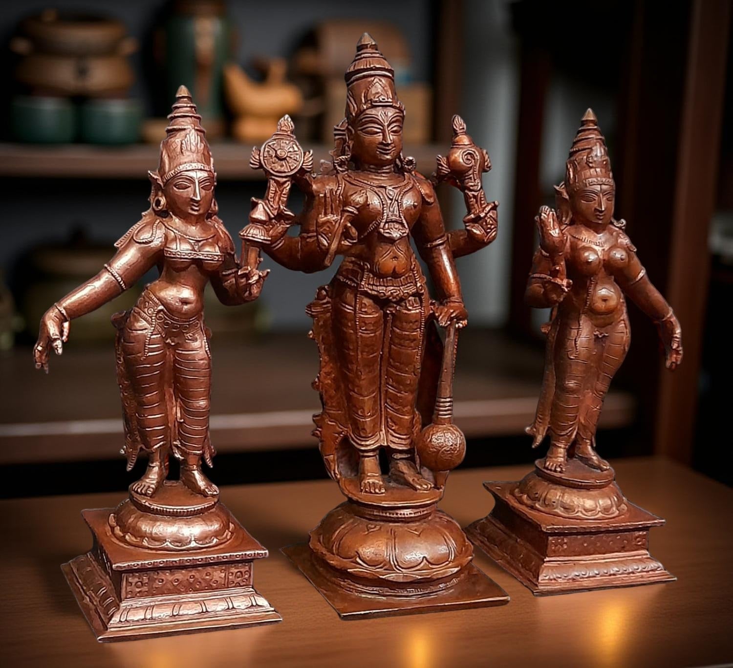 Brownish-Orange Copper Idols Of God Srinivasa Perumal With Sridevi And Bhudevi, 6 Inches, 1.4 Kg, Patina Antique Finish, Pack Of 3 Piece