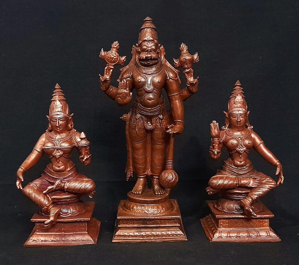 Brown Handmade Copper Narasimhar Sridevi, Bhudevi Combo Set, 6.1 Inch, 1.7 Kg, Pack Of Piece