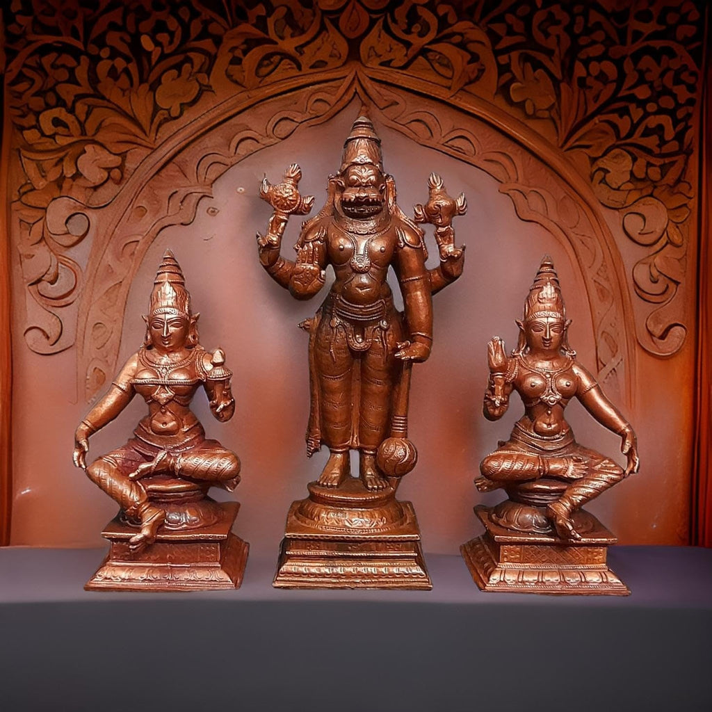 Brown Handmade Copper Narasimhar Sridevi, Bhudevi Combo Set, 6.1 Inch, 1.7 Kg, Pack Of Piece