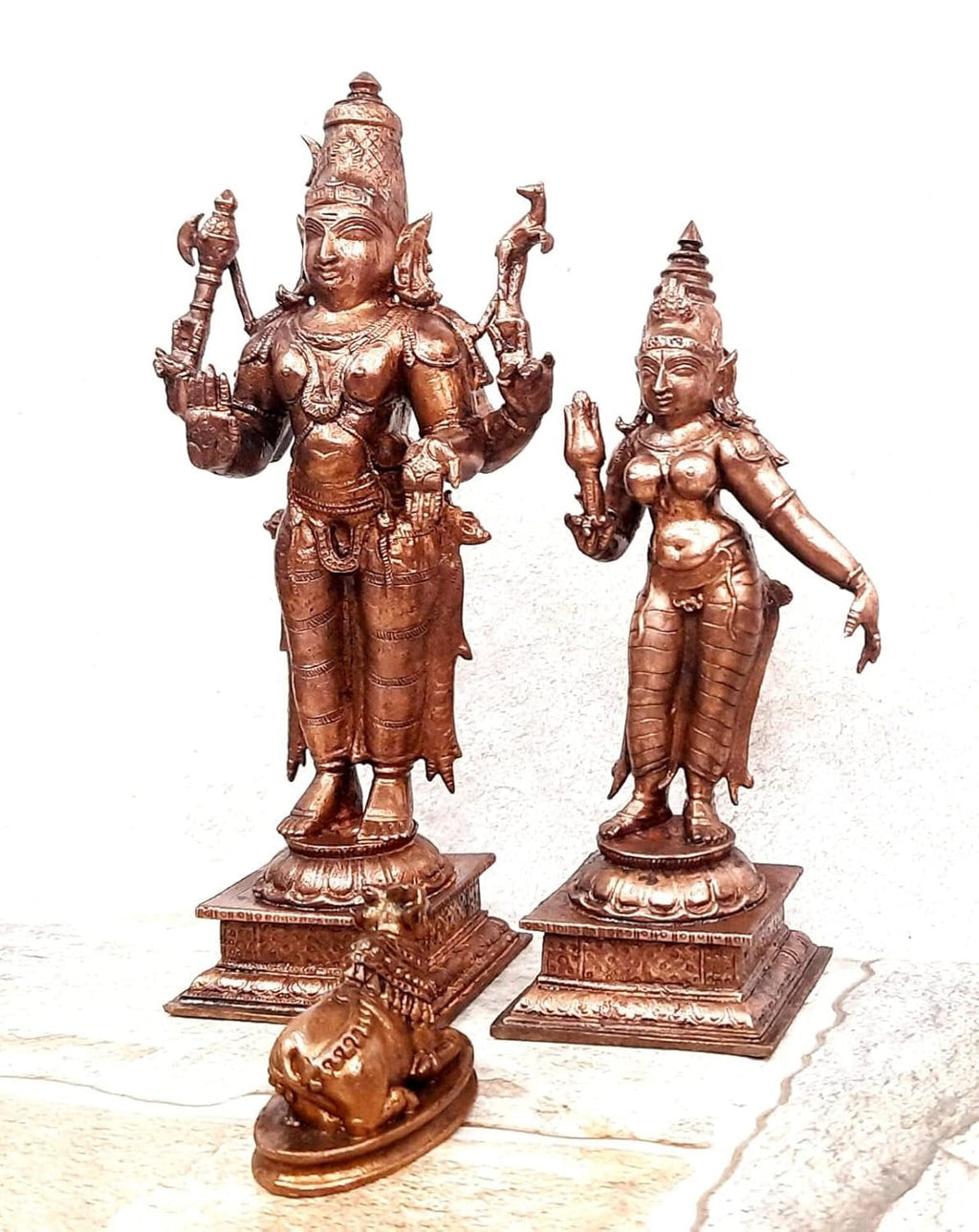 Brownish-Orange Copper Idols India, 6.3 Inches, Handmade God Shiva With Goddess Parvathi With Nandhi, 1.201 Kg, Patina Antique Finish, Pack Of 2 Piece