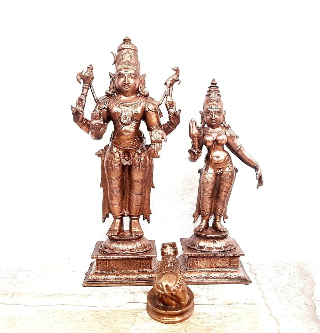 Brownish-Orange Copper Idols India, 6.3 Inches, Handmade God Shiva With Goddess Parvathi With Nandhi, 1.201 Kg, Patina Antique Finish, Pack Of 2 Piece