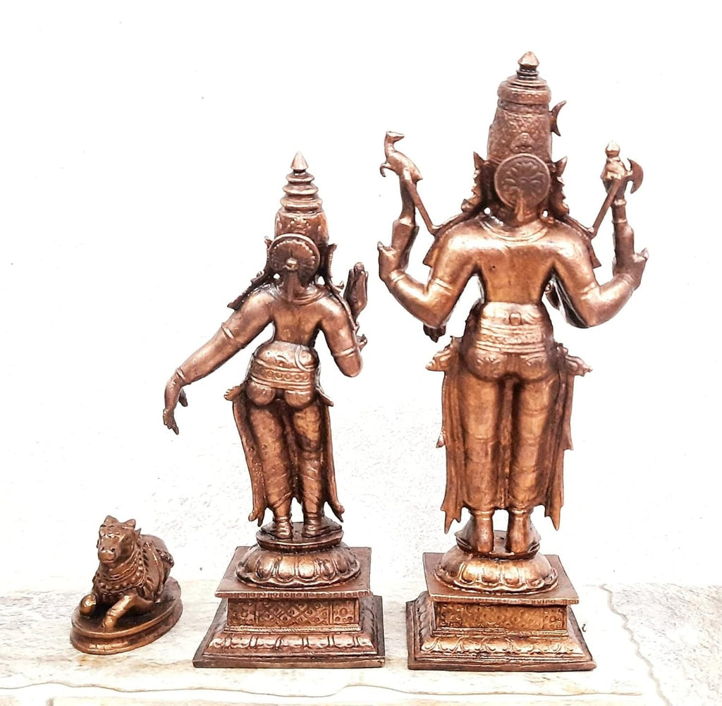 Brownish-Orange Copper Idols India, 6.3 Inches, Handmade God Shiva With Goddess Parvathi With Nandhi, 1.201 Kg, Patina Antique Finish, Pack Of 2 Piece