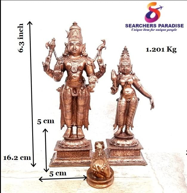 Brownish-Orange Copper Idols India, 6.3 Inches, Handmade God Shiva With Goddess Parvathi With Nandhi, 1.201 Kg, Patina Antique Finish, Pack Of 2 Piece