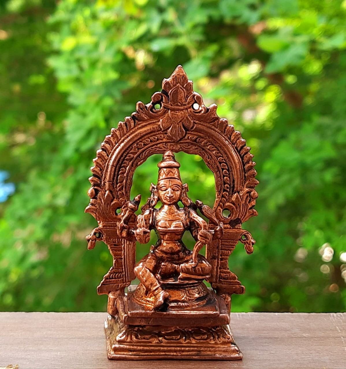 Brownish-Orange Copper Idols India, 3.3 Inches, Handmade Raja Rajeshwari Idol With Makara Thooranam, 140G, Patina Antique Finish, Pack Of 1 Piece