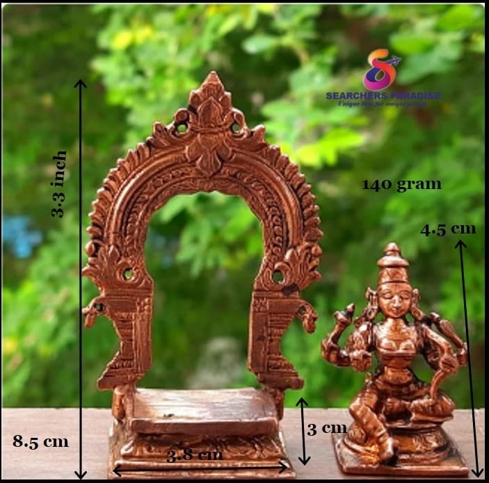 Brownish-Orange Copper Idols India, 3.3 Inches, Handmade Raja Rajeshwari Idol With Makara Thooranam, 140G, Patina Antique Finish, Pack Of 1 Piece