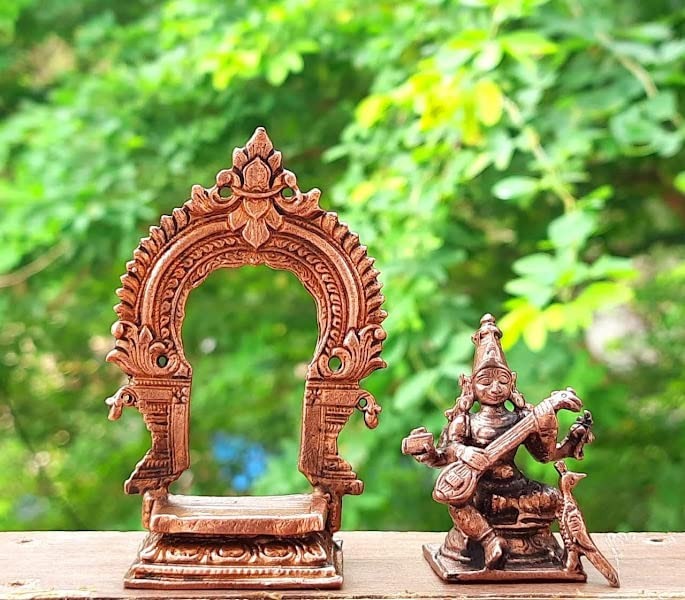 Brownish-Orange Copper Idolsby, 3.3 Inches Handmade Goddess Saraswathi With Prabhavalli, 146G, Patina Antique Finish, Pack Of 2 Piece