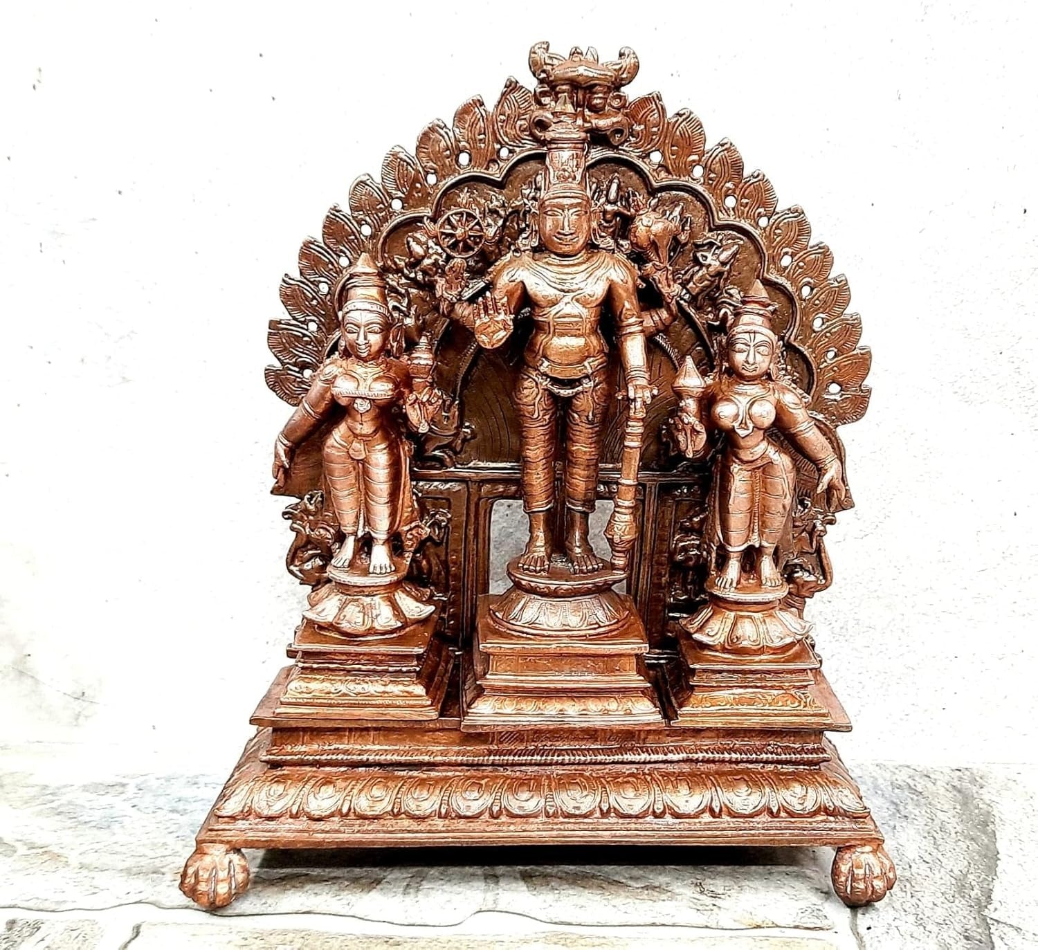 Brownish-Orange Copper Idols Of God Srinivasa Perumal With Sridevi And Bhudevi With Dasavadhara Prabhavali By Unikraf , 7.2 Inches, 1.8 Kg, Patina Antique Finish, Pack Of 4 Piece