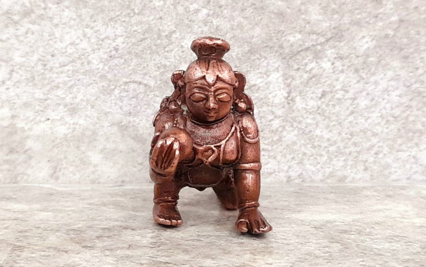 Brownish-Orange Copper Idols Of God Bal Krishna With Laddu By Unikraf , 1.6 Inches, 55G, Patina Antique Finish, Pack Of 1 Piece