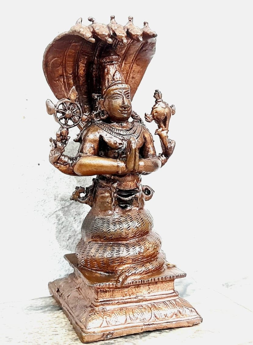 Brown Copper Idols Of God Maha Vishnu Standing In Adisesha, 4.4 Inches, 410G, Handmade, Pack Of 1Piece