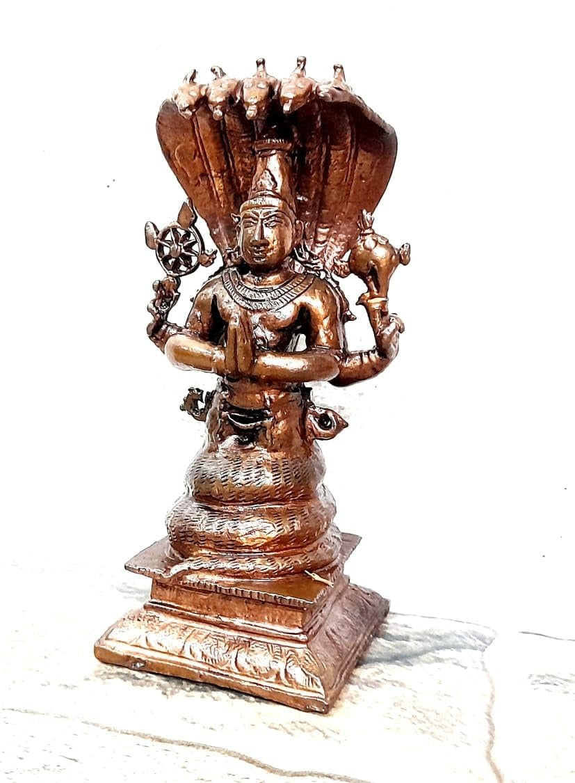 Brown Copper Idols Of God Maha Vishnu Standing In Adisesha, 4.4 Inches, 410G, Handmade, Pack Of 1Piece