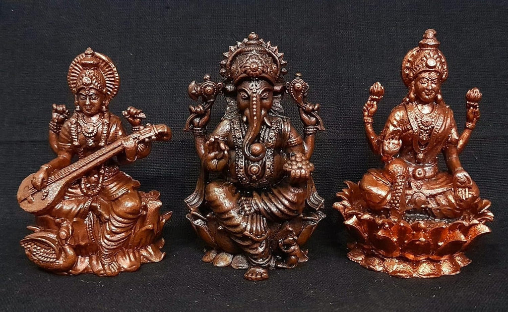 Brown Copper Idols Of Ganesh, Lakshmi And Saraswathi Combo, 2.8 Inch 615 Gram, Pack Of 3 Piece
