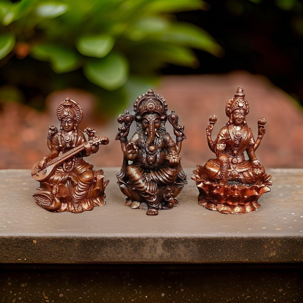 Brown Copper Idols Of Ganesh, Lakshmi And Saraswathi Combo, 2.8 Inch 615 Gram, Pack Of 3 Piece