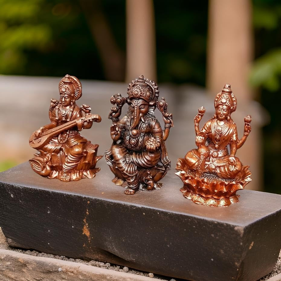 Brown Copper Idols Of Ganesh, Lakshmi And Saraswathi Combo, 2.8 Inch 615 Gram, Pack Of 3 Piece