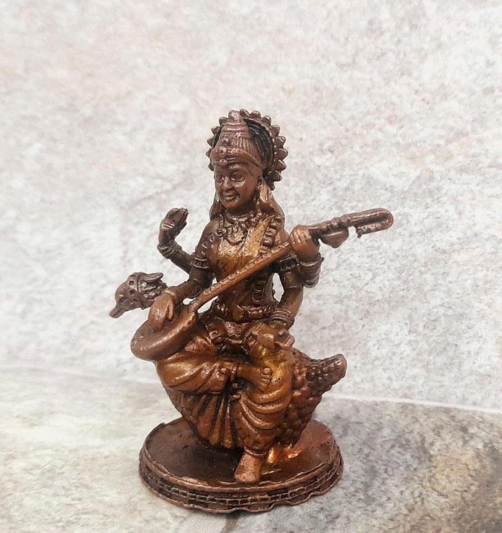 Brownish-Orange Copper Idols India, 2 Inches, Handmade Goddess Saraswathi Idol 87 Gram, Patina Antique Finish, Pack Of 1 Piece