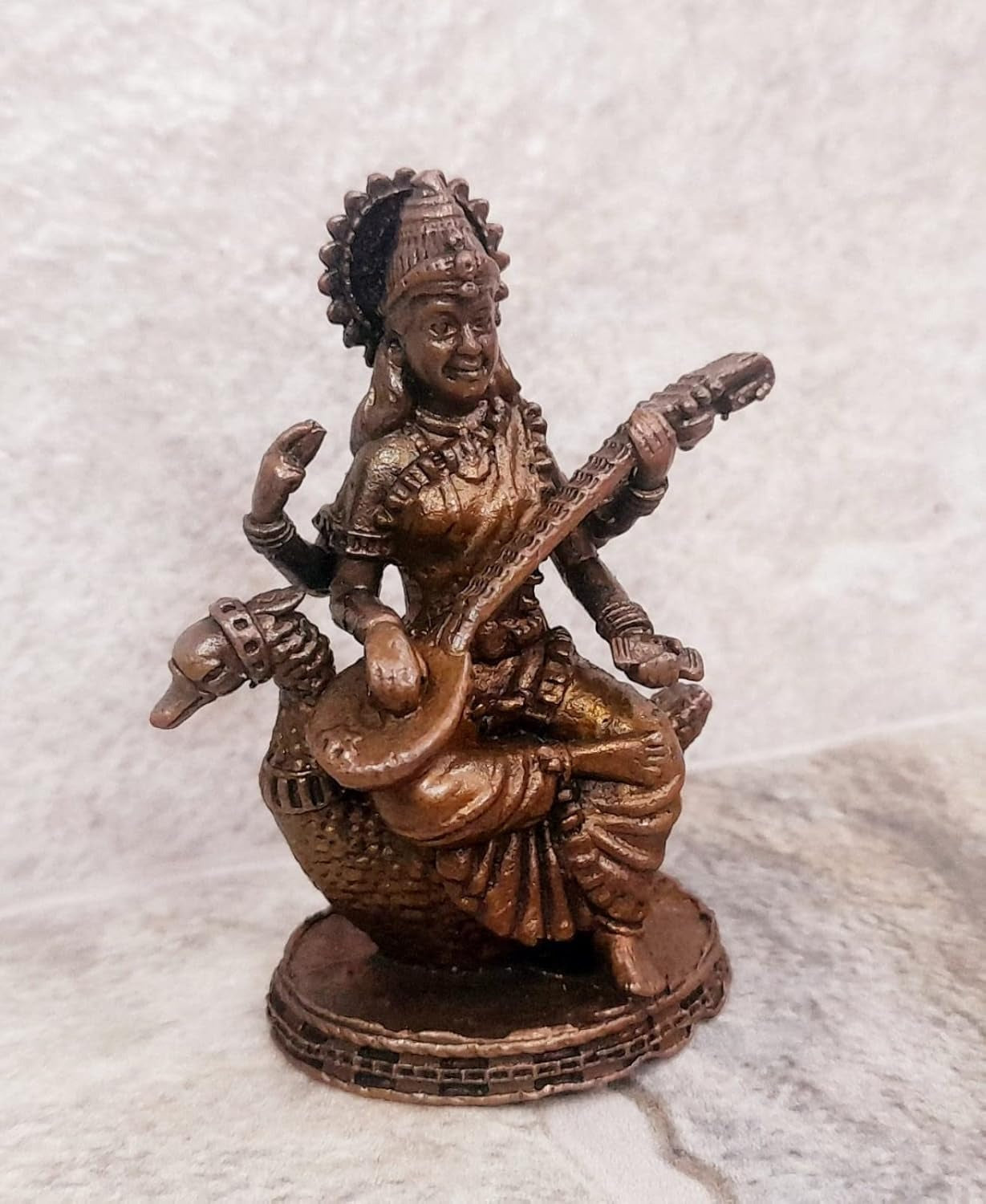 Brownish-Orange Copper Idols India, 2 Inches, Handmade Goddess Saraswathi Idol 87 Gram, Patina Antique Finish, Pack Of 1 Piece