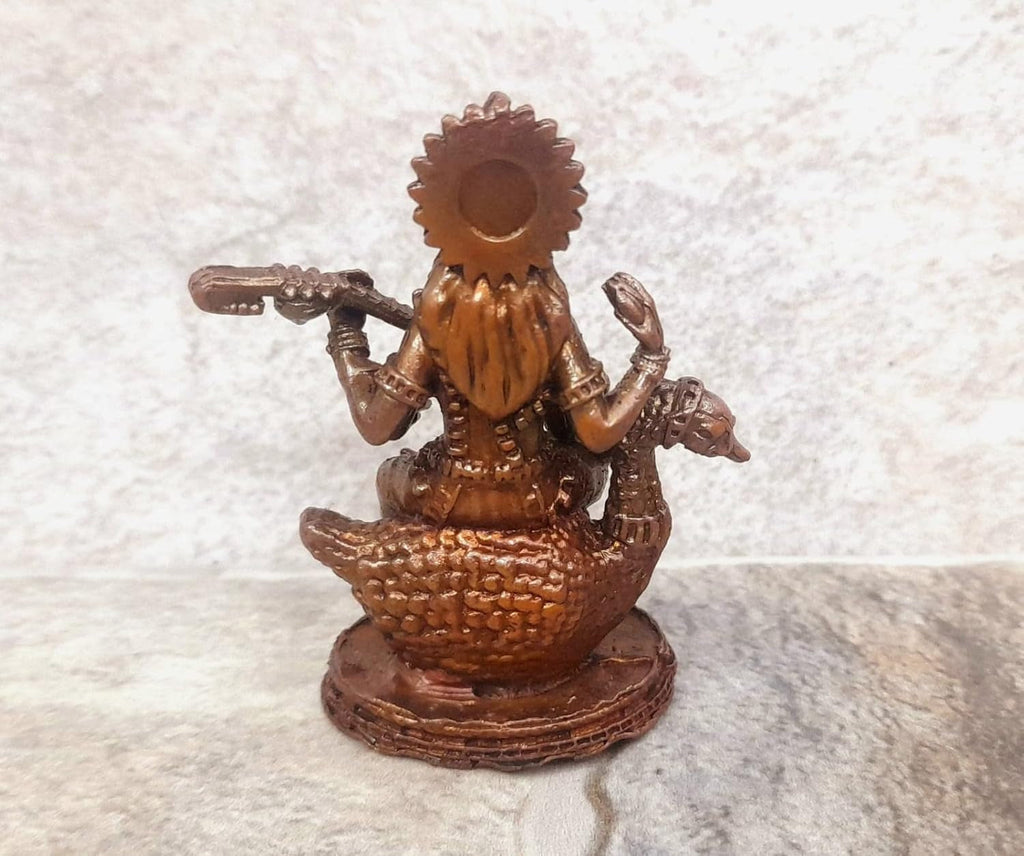 Brownish-Orange Copper Idols India, 2 Inches, Handmade Goddess Saraswathi Idol 87 Gram, Patina Antique Finish, Pack Of 1 Piece
