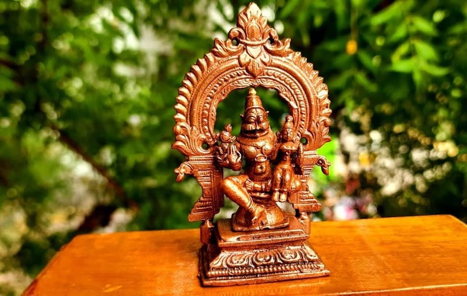 Brownish-Orange Copper Idols Of God Lakshmi Narasimhar With Prabhavalli, 3.3 Inches, 146G, Patina Antique Finish, Pack Of 2 Piece