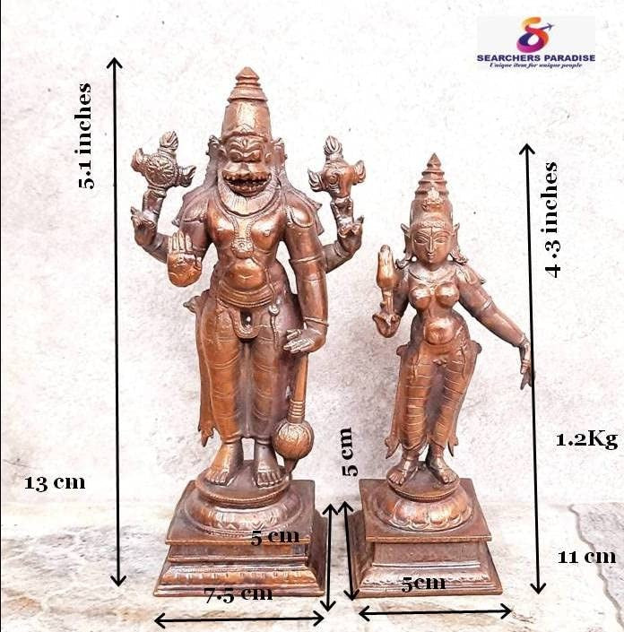 Brownish-Orange Copper Idols Of God Standing Lakshmi Narasimhar, 5.1 Inch, 1.2 Kg, Patina Antique Finish, Pack Of 2 Piece
