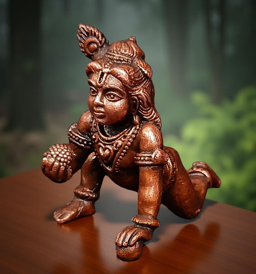 Brownish-Orange Copper Idols India, 1.3 Inches, Handmade Little Krishna With Laddu, 49G, Patina Antique Finish, Pack Of 1 Piece