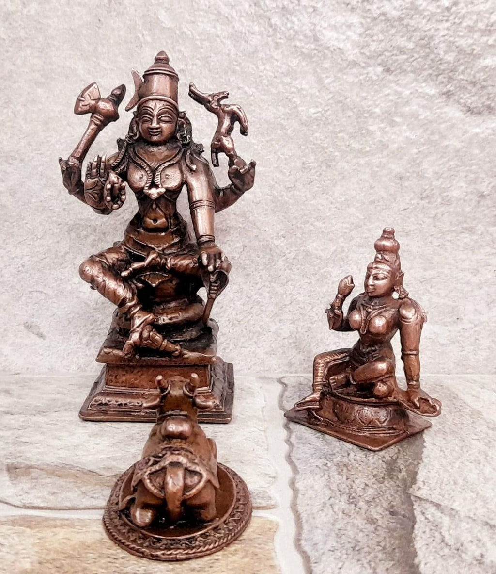 Brownish-Orange Copper Idols Of God Lord Shiva, Bhoogasakthi With Nandi, 5.5 Inch, 560G, Patina Antique Finish, Pack Of 1 Piece