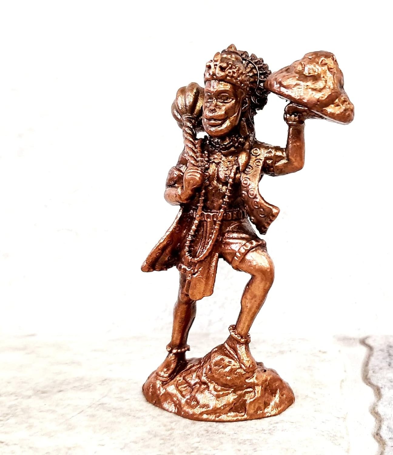Brownish-Orange Copper Idols India, 2.7 Inches, Handmade Hanuman With Sanjeev Mountain, 100G, Patina Antique Finish, Pack Of 1 Piece