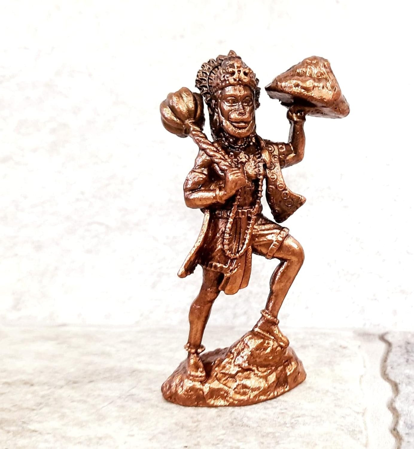 Brownish-Orange Copper Idols India, 2.7 Inches, Handmade Hanuman With Sanjeev Mountain, 100G, Patina Antique Finish, Pack Of 1 Piece