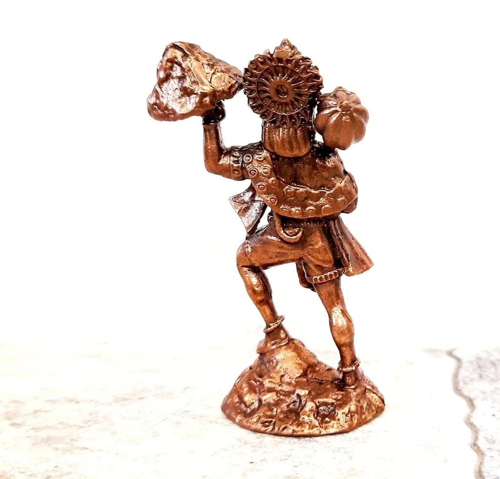 Brownish-Orange Copper Idols India, 2.7 Inches, Handmade Hanuman With Sanjeev Mountain, 100G, Patina Antique Finish, Pack Of 1 Piece