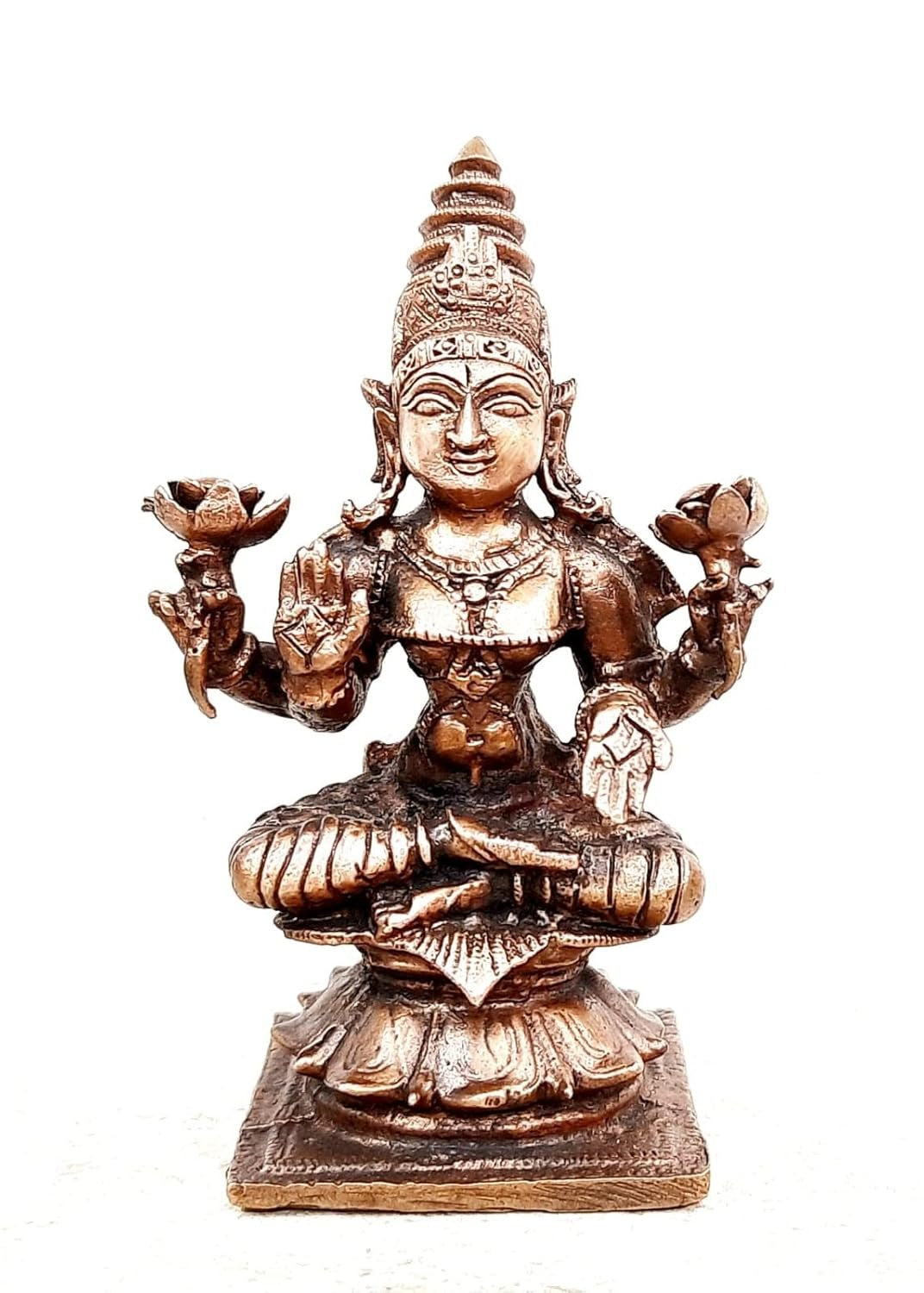 Brownish-Orange Copper Idols India, 3.6Inches, Handmade Mahalakshmi Idol With, 300Grams, Patina Antique Finish, Pack Of 1 Piece