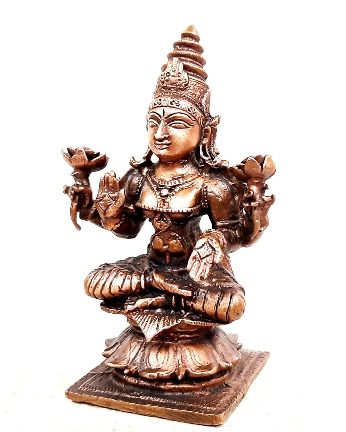 Brownish-Orange Copper Idols India, 3.6Inches, Handmade Mahalakshmi Idol With, 300Grams, Patina Antique Finish, Pack Of 1 Piece