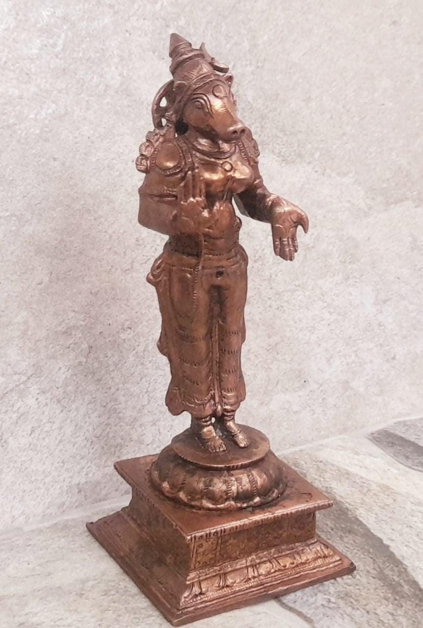 Brownish-Orange Copper Idols India, 4.8 Inches, Handmade Standing Goddess Varahi, 380 Gram, Patina Antique Finish, Pack Of 1 Piece