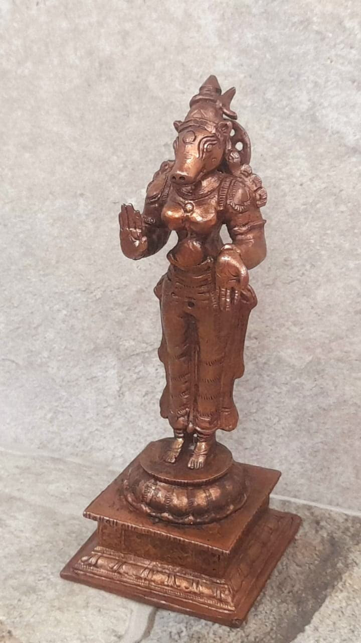 Brownish-Orange Copper Idols India, 4.8 Inches, Handmade Standing Goddess Varahi, 380 Gram, Patina Antique Finish, Pack Of 1 Piece