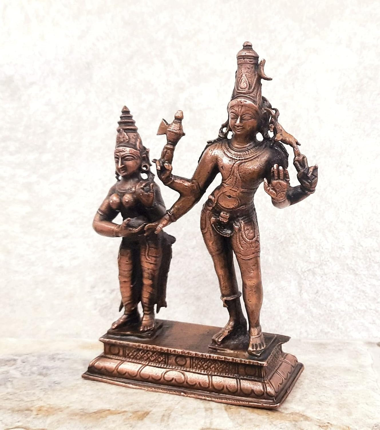 Brownish-Orange Copper Idolsby Unikraf , 15 Cm, Handmade Od Shiva And Parvathi 562 Gram, Patina Antique Finish, Pack Of 1 Piece