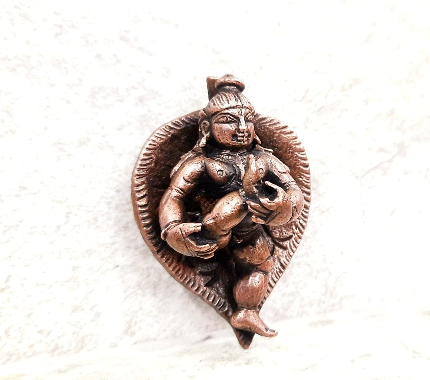 Brownish-Orange Copper Idols, 6 Cm, Handmade Bal Krishna Lying In Banyan Leaf 82 Gram, Patina Antique Finish, Pack Of 1 Piece