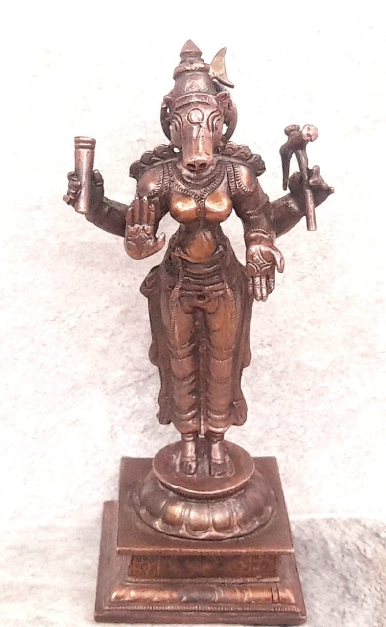 Brownish-Orange Copper Idols Indiaby, 5 Inches, Handmade Goddess Varahi, 365 Gram, Patina Antique Finish, Pack Of 1 Piece