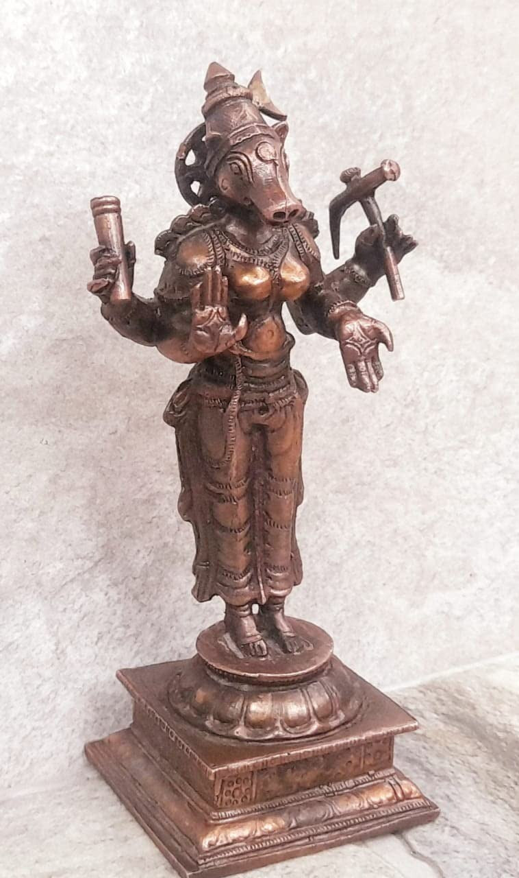 Brownish-Orange Copper Idols Indiaby, 5 Inches, Handmade Goddess Varahi, 365 Gram, Patina Antique Finish, Pack Of 1 Piece