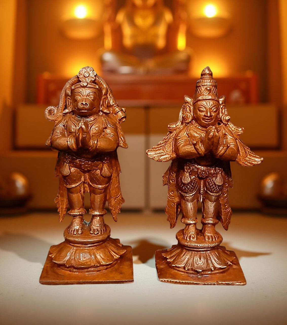 Brownish-Orange Copper Idols, 8 Cm, Handmade Standing Garudar And Hanuman 360 Gram, Patina Antique Finish, Pack Of 1 Piece