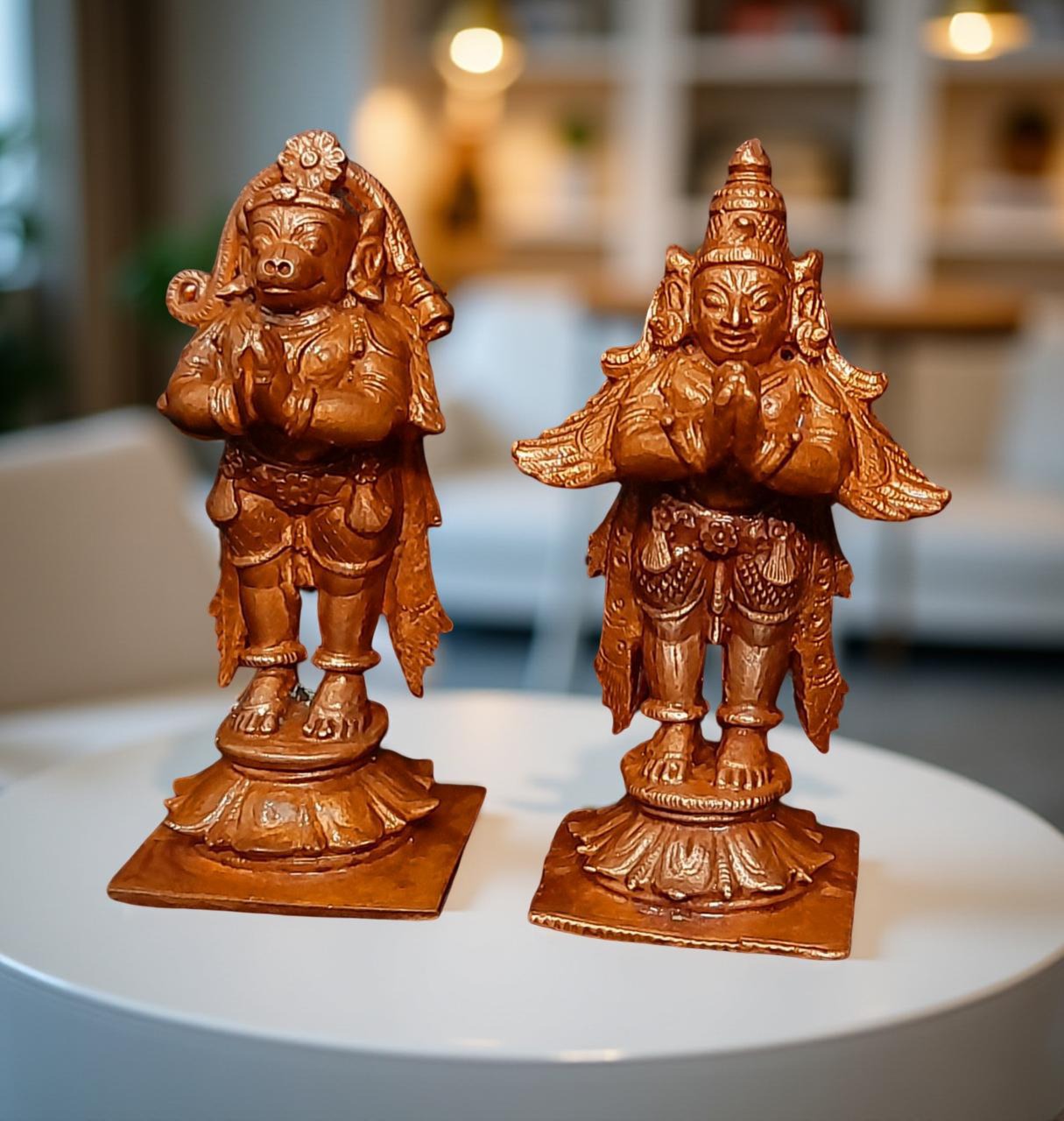 Brownish-Orange Copper Idols, 8 Cm, Handmade Standing Garudar And Hanuman 360 Gram, Patina Antique Finish, Pack Of 1 Piece