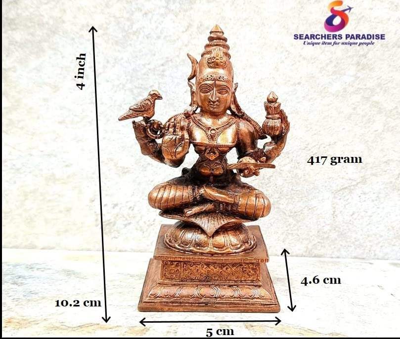 Brownish-Orange Copper Idols India, 4 Inches, Hanmade Goddess Sardhambal 417 Gram, Patina Antique Finish, Pack Of 1 Piece
