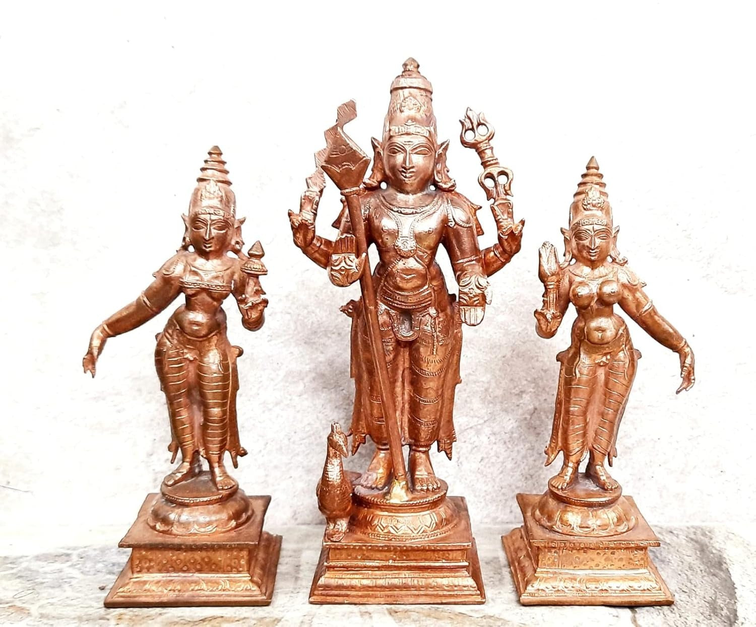 Brownish-Orange Copper Idols Of God Murugar With Valli And Deivanani By Unikraf , 6.2 Inches, 1.6Kg, Patina Antique Finish, Pack Of 3 Piece