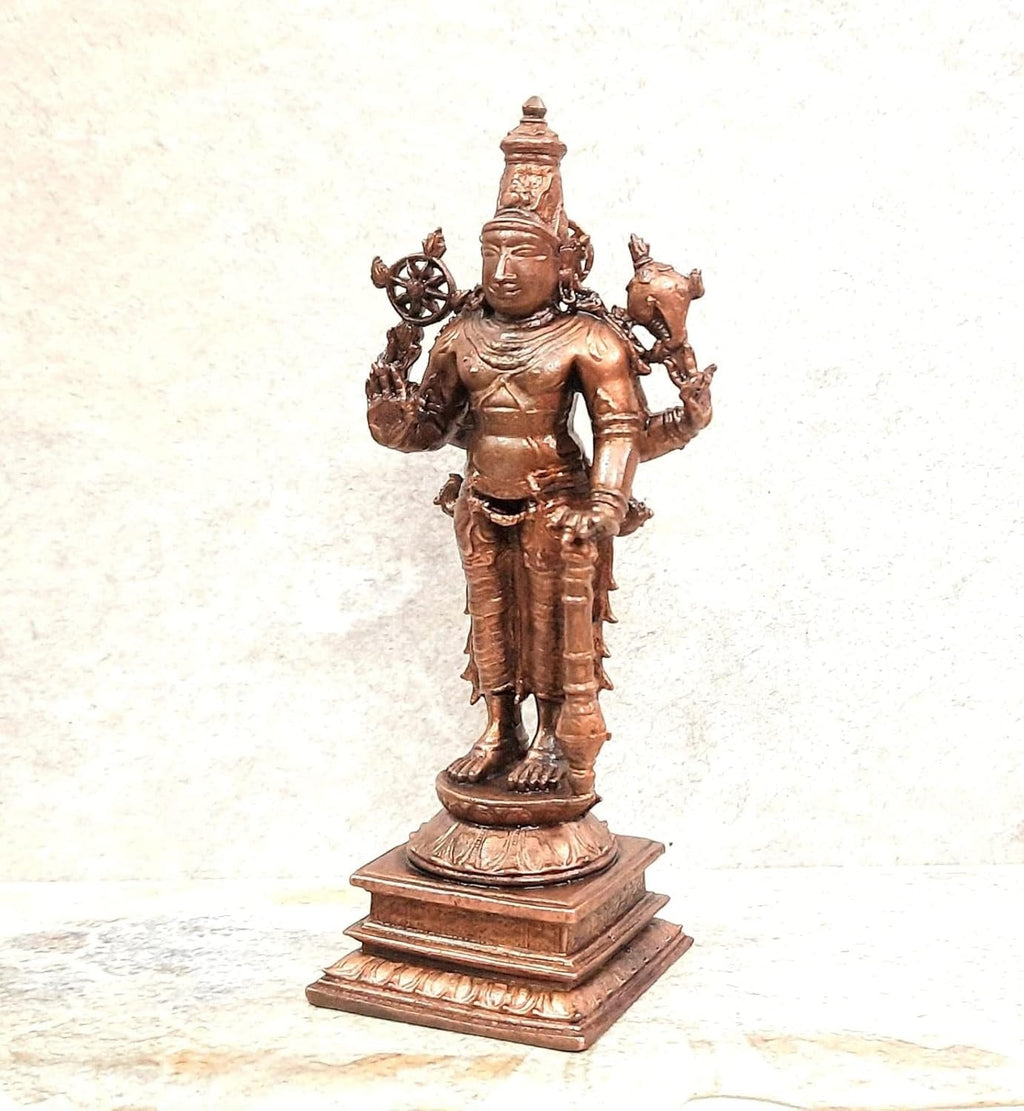 Copper Copper Handmade God Idols Maha Vishnu -, 5.2 Inches, 360G, Patina Antique Finish, Pack Of 1 Piece