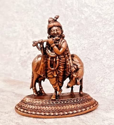 Brownish-Orange Copper Idols India, 2.4 Inches, Handmade Krishna With Cow Idol, 107G, Patina Antique Finish, Pack Of 1 Piece